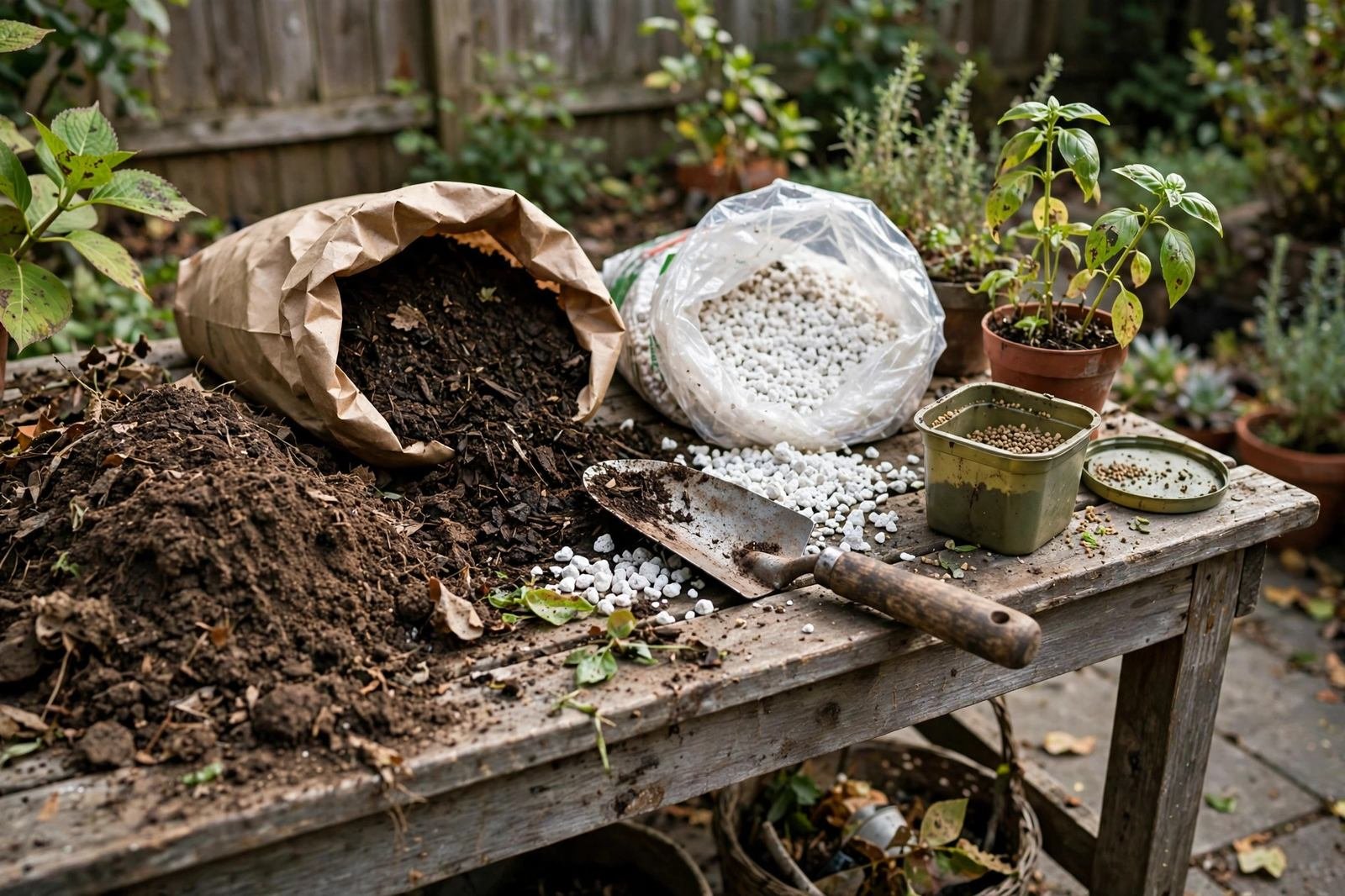 Potting bench with old soil, bag of compost, perlite, and fertilizer ready for refreshing