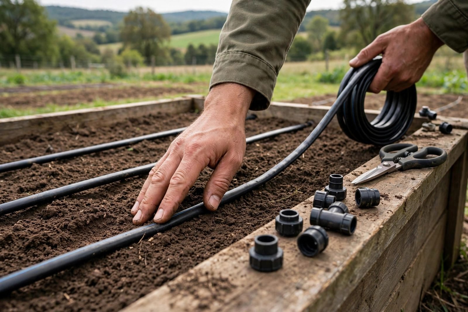 Hands laying drip irrigation tubing across a raised bed before planting, with fittings and scissors on the bed edge