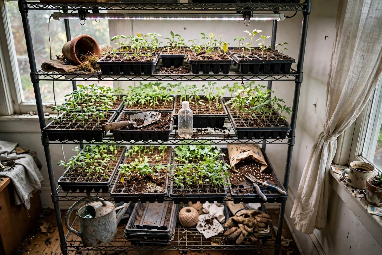 Metal wire shelving unit with multiple tiers of seedling trays under LED grow light bars in a home seed-starting station