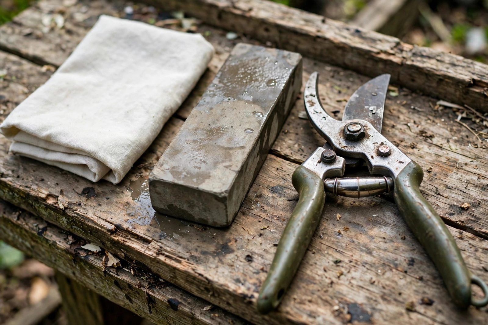 Bypass pruning shears open beside a whetstone and a clean cloth on a weathered workbench