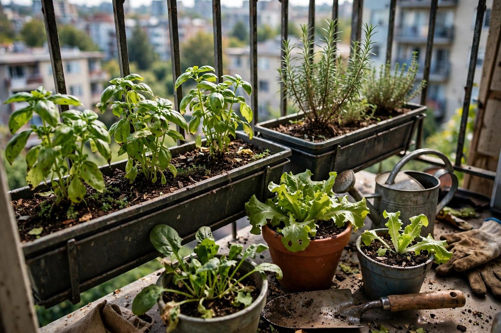 Small apartment balcony with railing planters and pots of herbs and greens in daylight