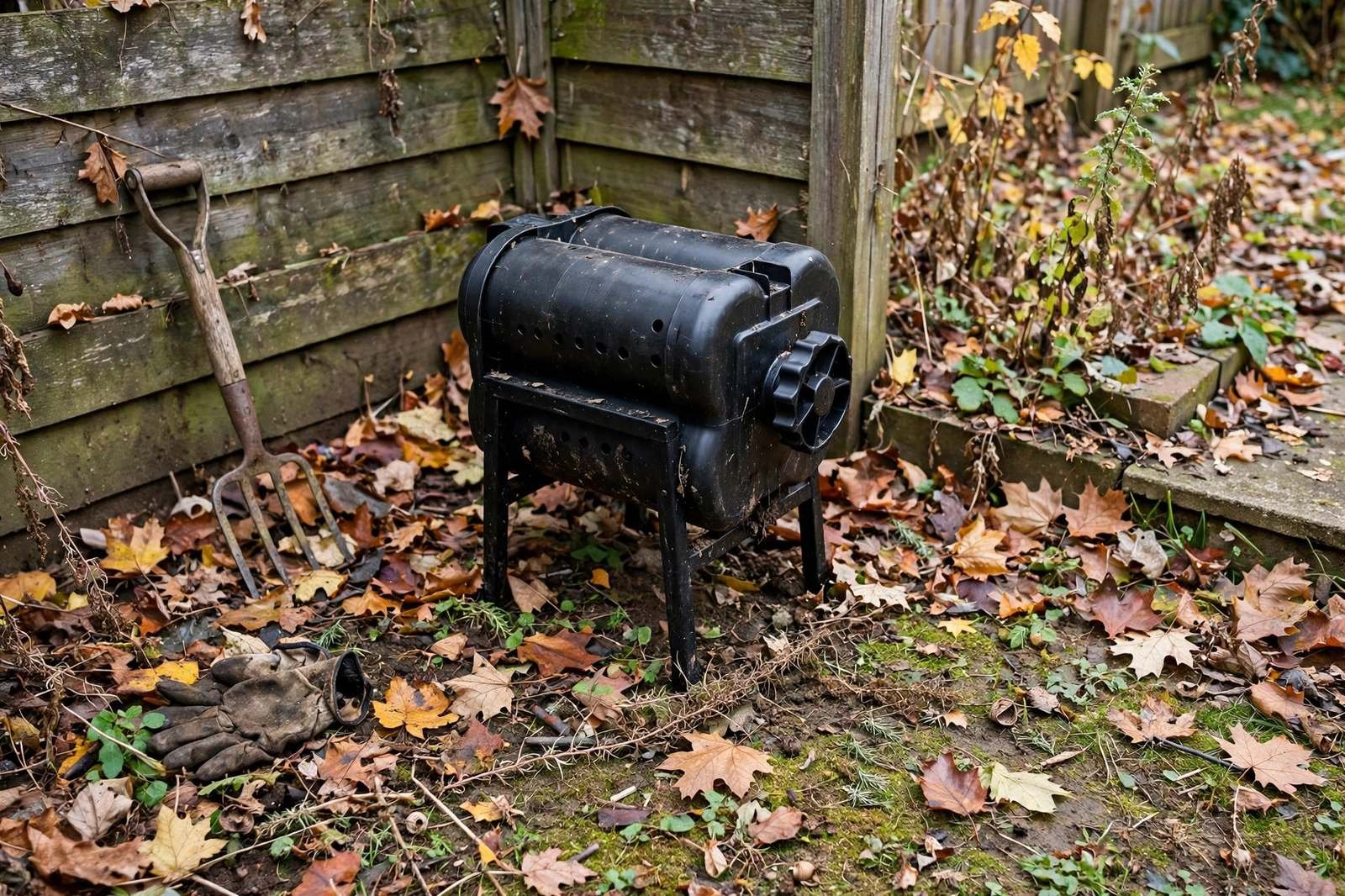 Compact black compost tumbler in a small backyard corner in autumn