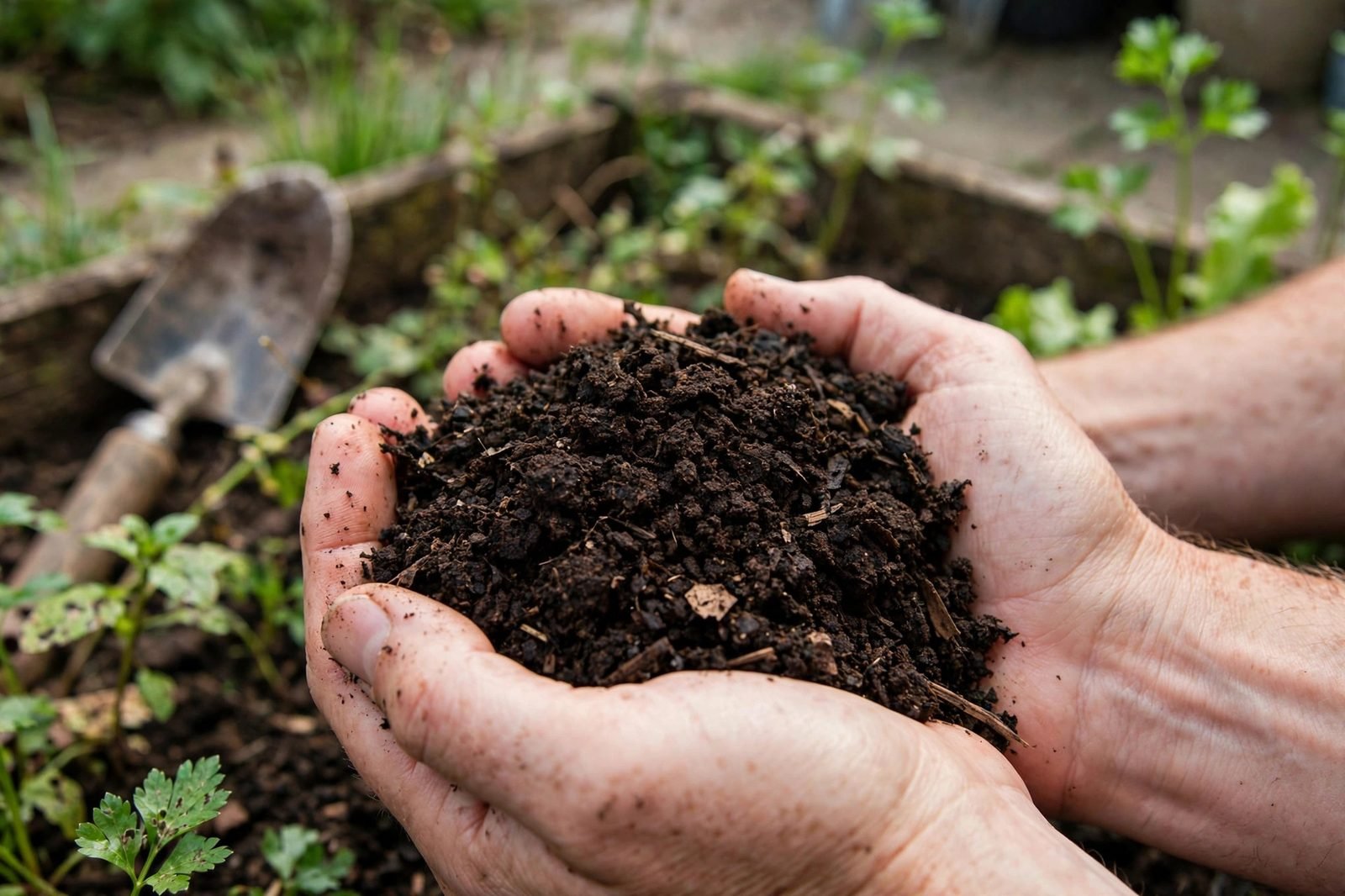 Hands holding dark finished compost, crumbly and rich brown
