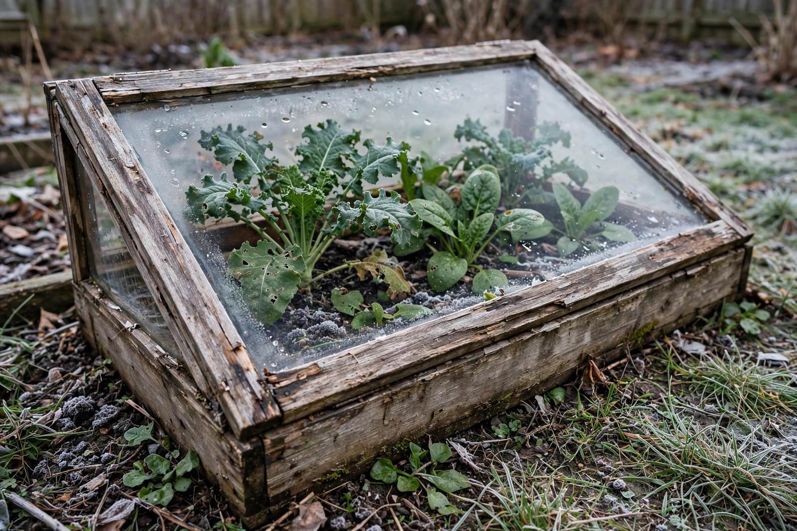 Cold frame filled with kale and spinach on a frosty morning with light snow on the ground around the bed