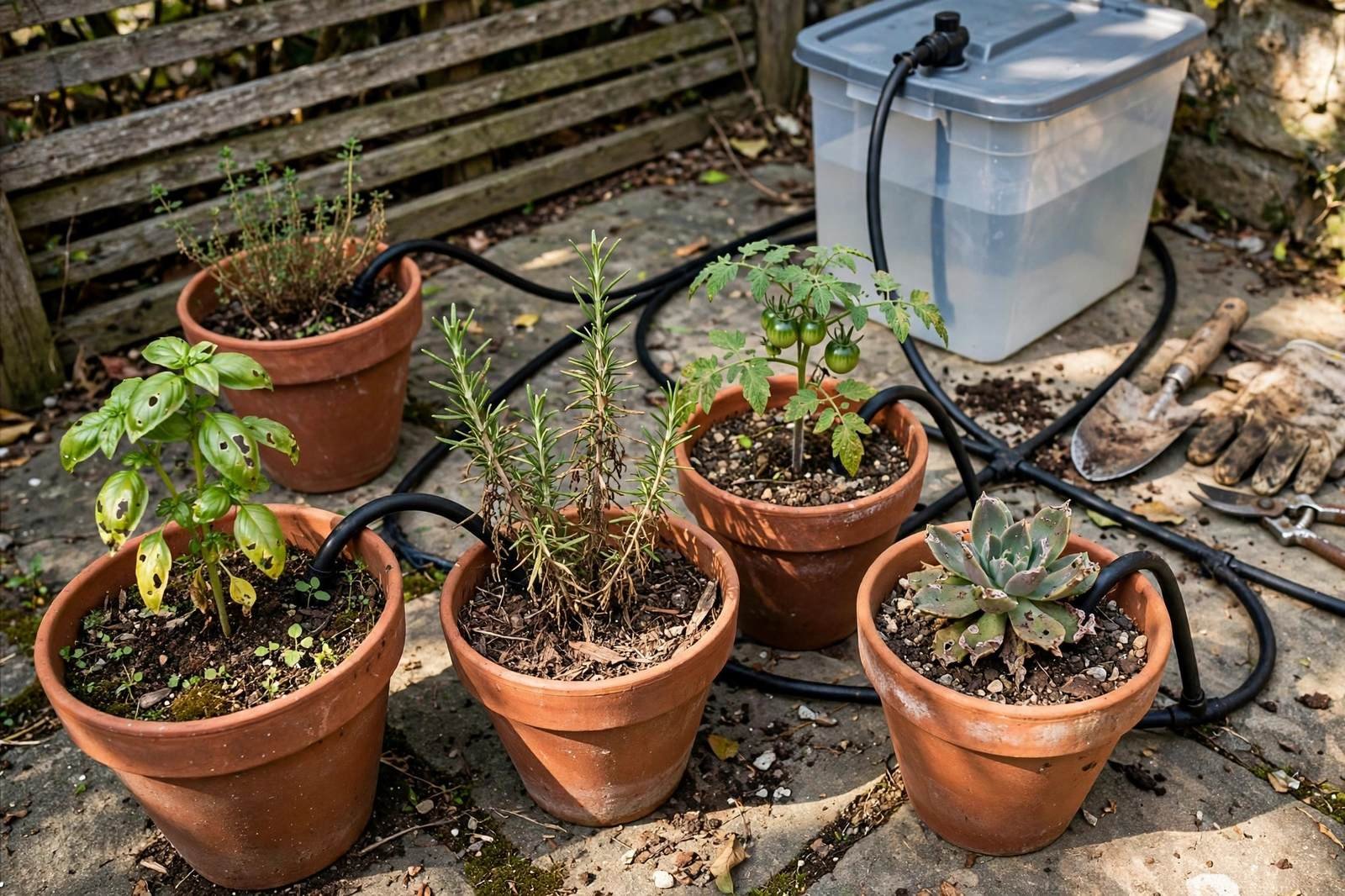 Pots on a sunny patio connected to a simple vacation watering setup with a reservoir and drip lines in natural daylight