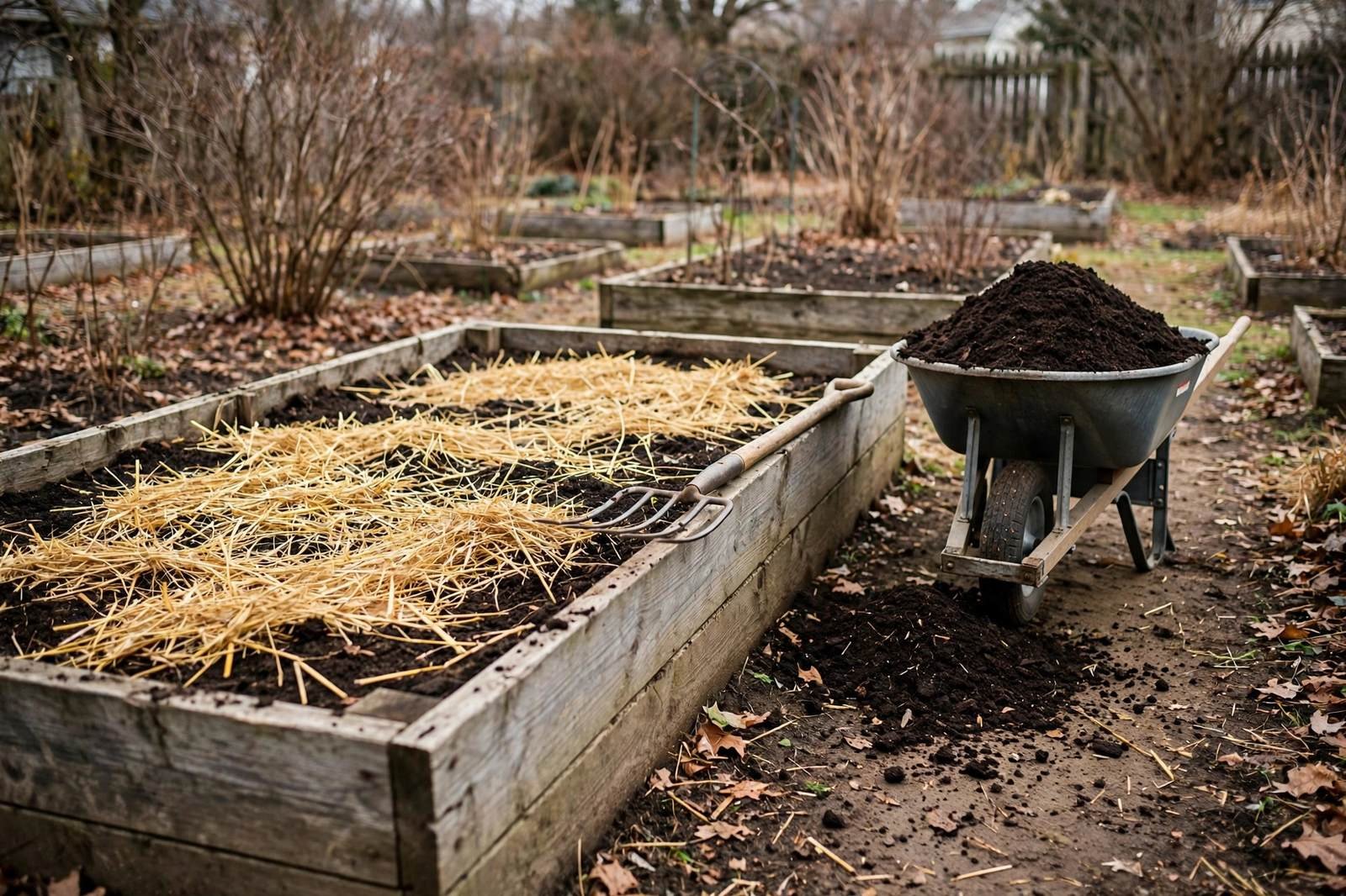 Raised garden bed covered with straw mulch for winter beside a wheelbarrow of compost in a late fall backyard