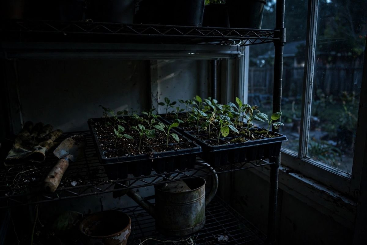 Indoor seed shelf at night with lights off, seedling trays in shadow and faint window light falling across the pots