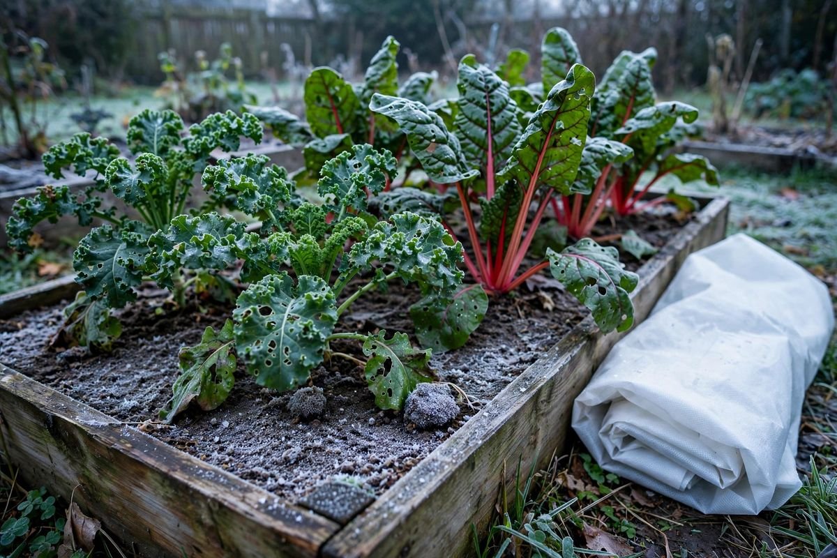 Kale and chard growing in a raised bed with light frost on the soil surface and cover fabric folded back after a cold night