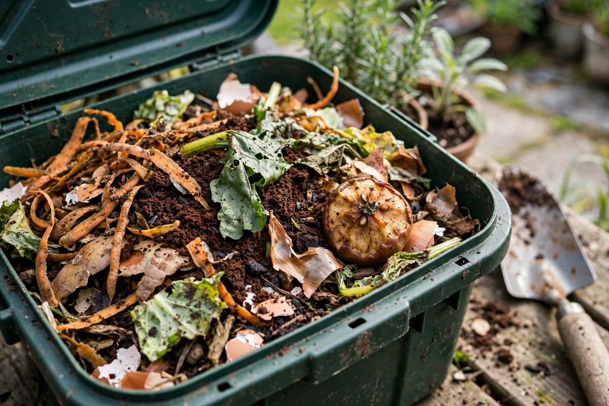 Kitchen counter with a compost caddy full of vegetable scraps and fruit peels