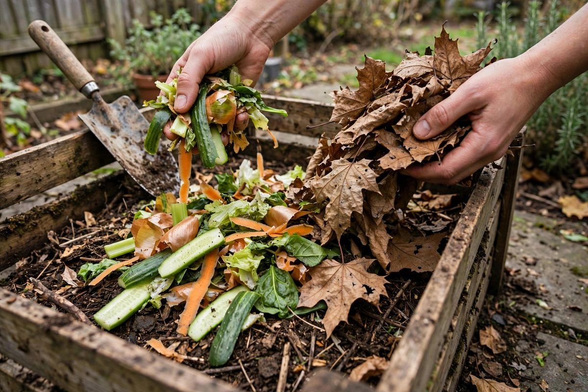 Layering green kitchen scraps and brown dry leaves in a compost bin