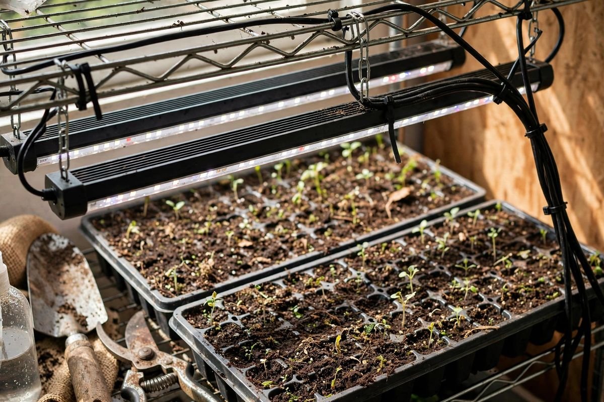 LED grow light bars hanging from a wire shelf with adjustable chains and zip ties above seedling trays