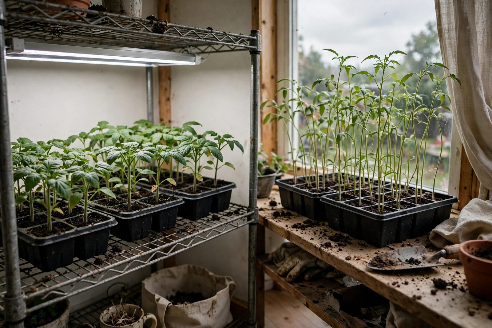 Seed trays on a home shelf under a slim LED bar beside seedlings leaning toward a bright window