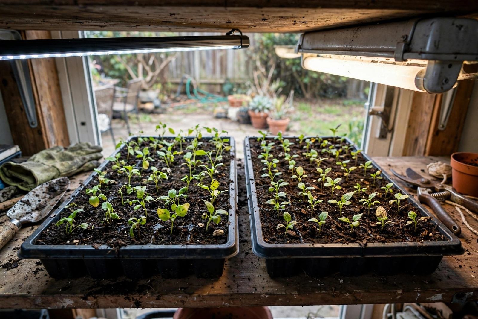Two seed trays side by side on the same shelf, one under a slim LED light bar and one under a fluorescent shop fixture, with small green seedlings in both
