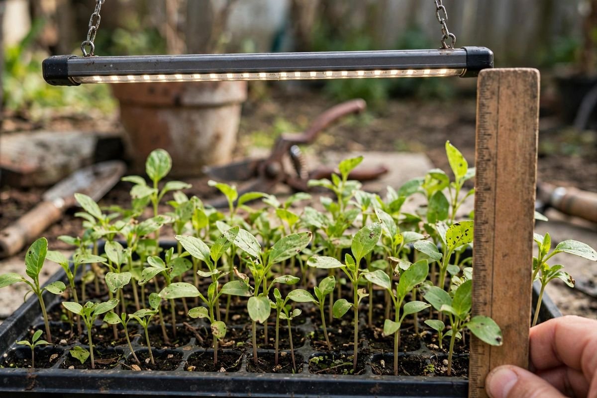 LED light bar hanging by chains just above a seed tray, a ruler beside the seedlings showing the short distance from light to leaf tops