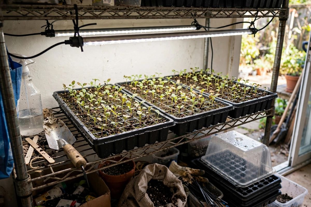 LED light bars mounted under wire shelves evenly lighting seed trays below