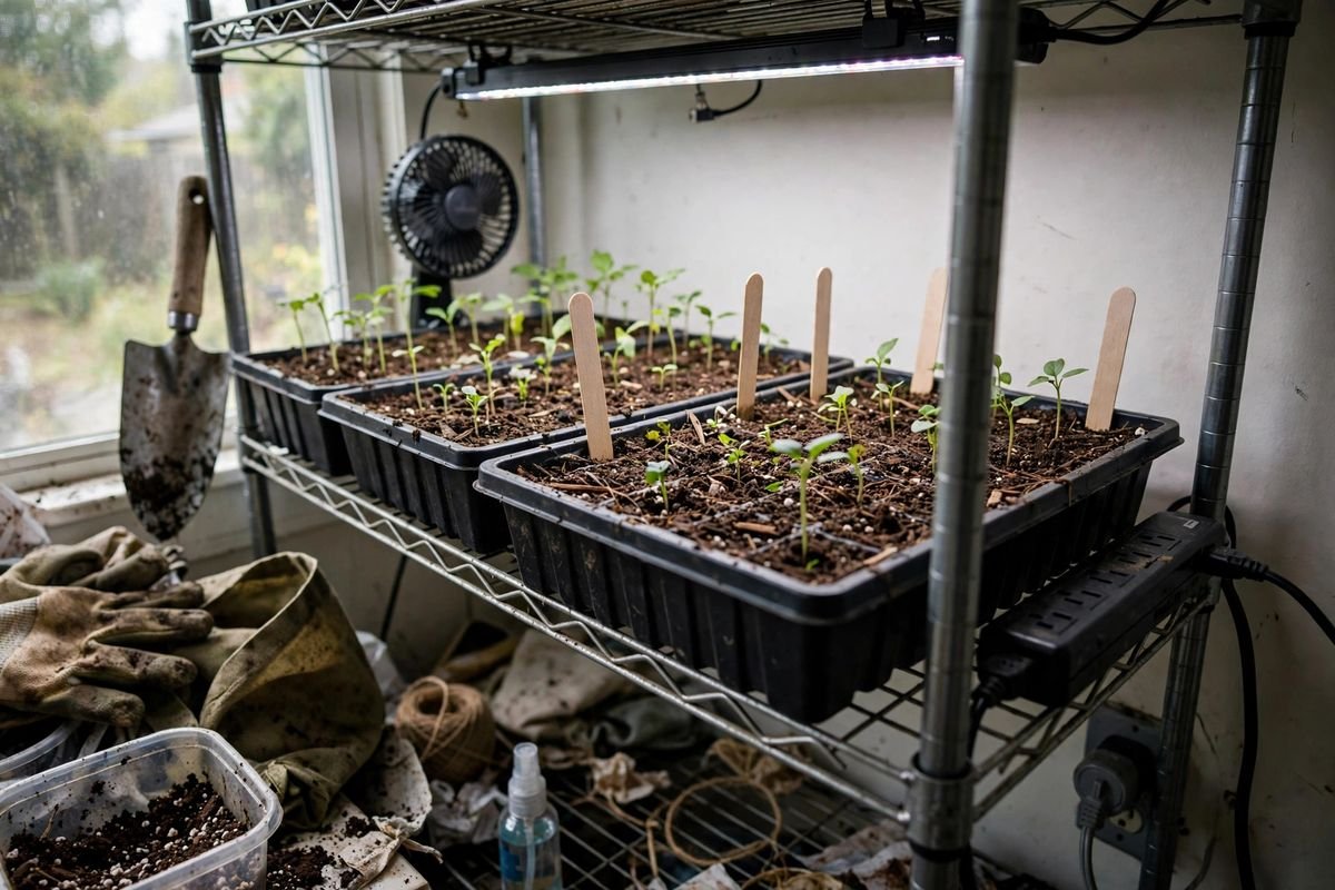 LED light over seedlings on a wire shelf beside a window with a small fan and outlet timer