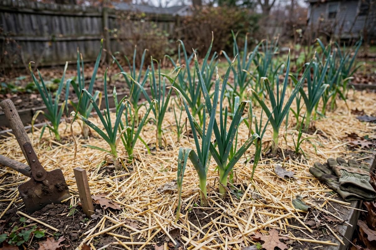 Leek bed mulched with clean straw between rows in late fall light