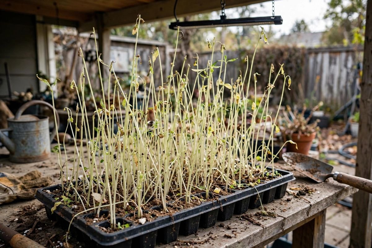 Leggy pale seedlings with long thin stems stretching upward toward a distant grow light hung high on a shelf