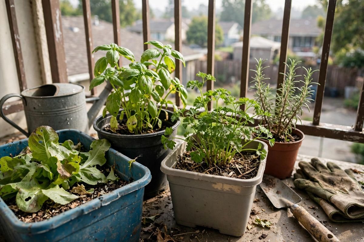 Lettuce and herbs growing in containers on a sunny apartment balcony