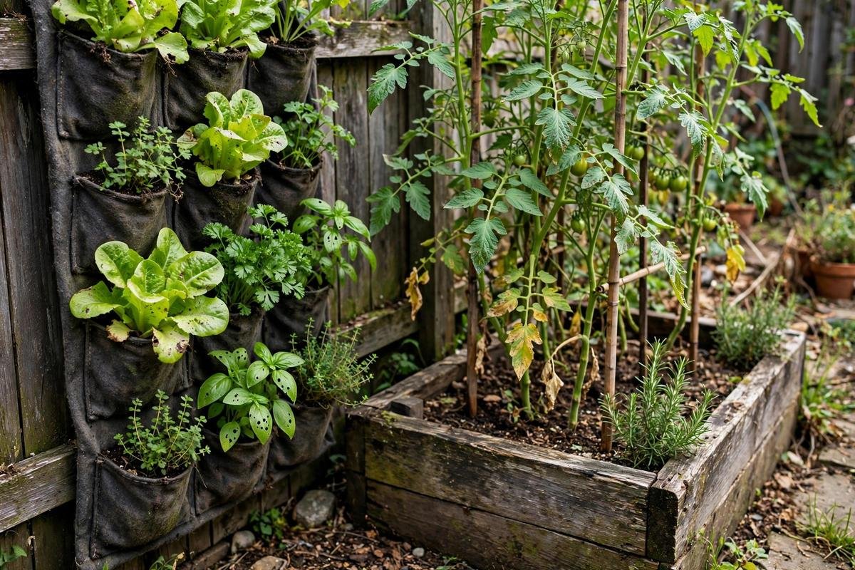 Lettuce and herbs in vertical pockets beside tomatoes growing in a deep raised bed