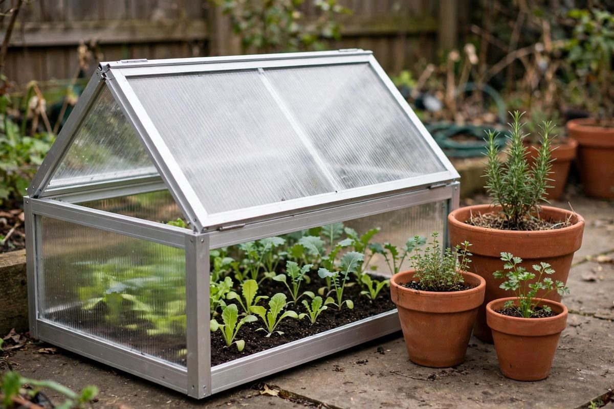 Light aluminum cold frame with twin-wall polycarbonate panels on a patio beside terracotta pots, lid propped slightly open