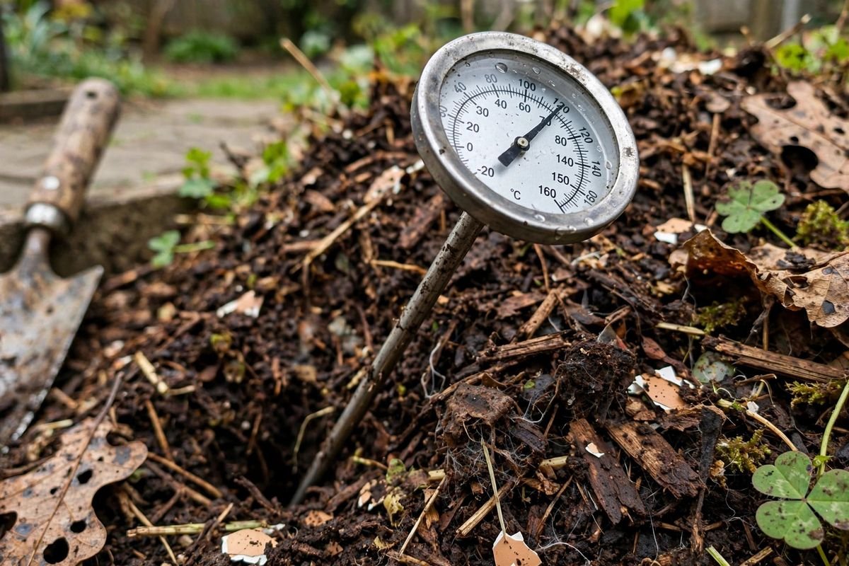 Long-probe compost thermometer inserted into the center of a compost pile