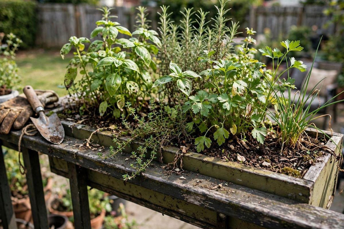Long weathered window box planter on a patio railing filled with basil, rosemary, parsley, thyme and chives in natural daylight