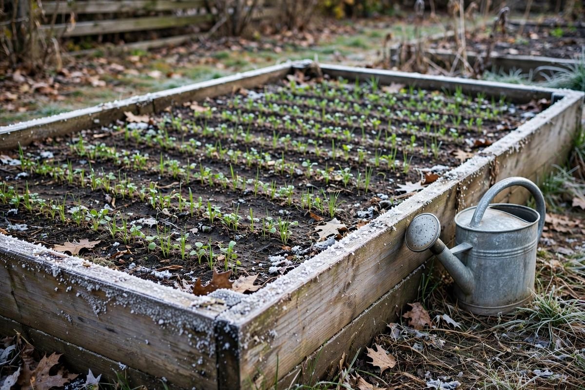 Low hoops with translucent row cover over a raised bed of fall greens, clips and a coil of garden twine resting on the bed frame