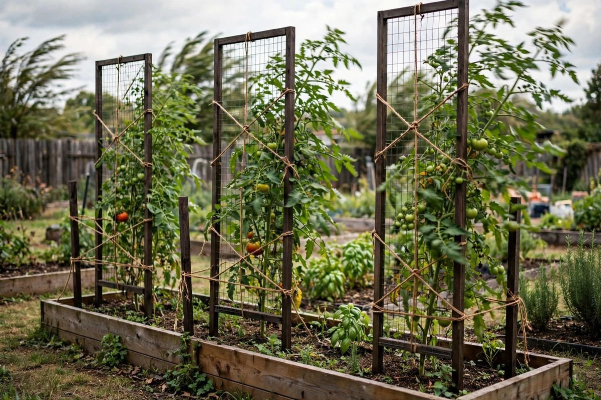 Low tunnel hoops over a garden row with cover edges buried in soil, rope tied over each hoop, and angled stakes in damp ground