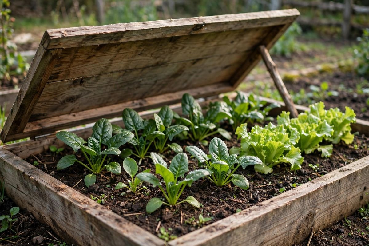 Low wooden cold frame over rows of spinach and lettuce in a raised bed with the lid propped open for morning venting