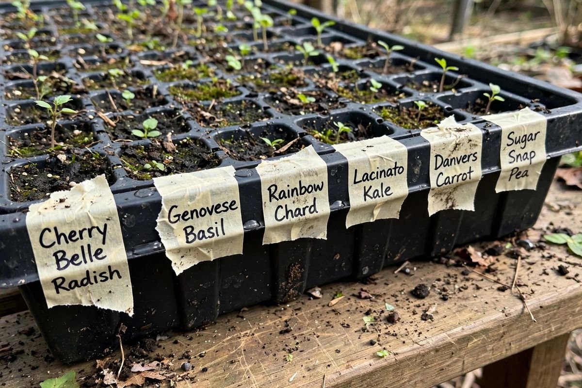Masking tape labels stuck along the edge of a black seedling tray, each marked with a variety name