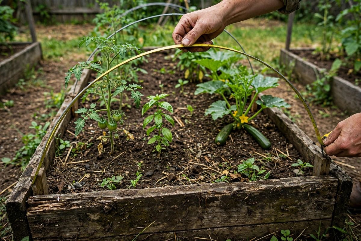 Measuring the arc over hoops on a raised bed with a tape measure to size shade cloth