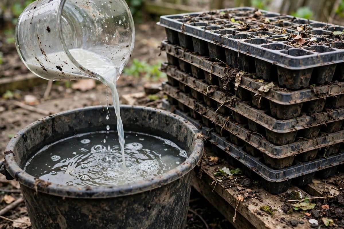 A measuring cup pouring bleach into a bucket of water beside a stack of dirty seedling trays