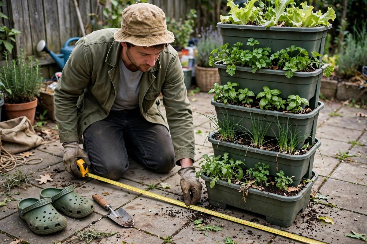 Measuring the footprint of a five-tier vertical planter with a tape measure on patio tiles