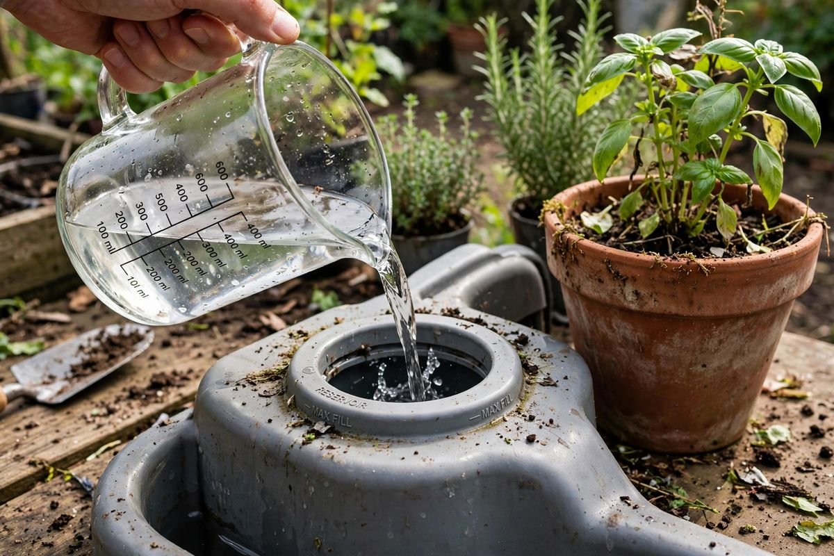Measuring water from a jug into a self-watering planter reservoir, with a potted plant beside it