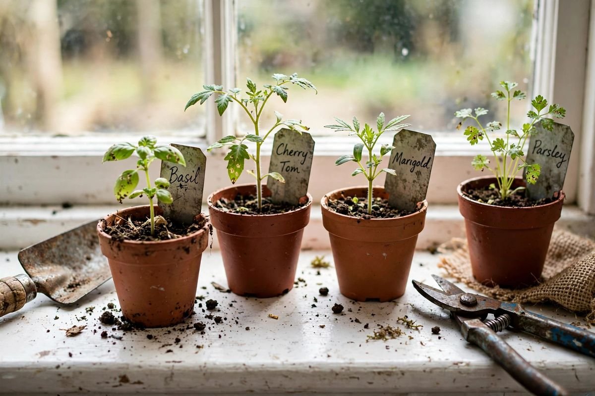 Metal plant tags pushed into potted seedlings on a windowsill, lightly weathered