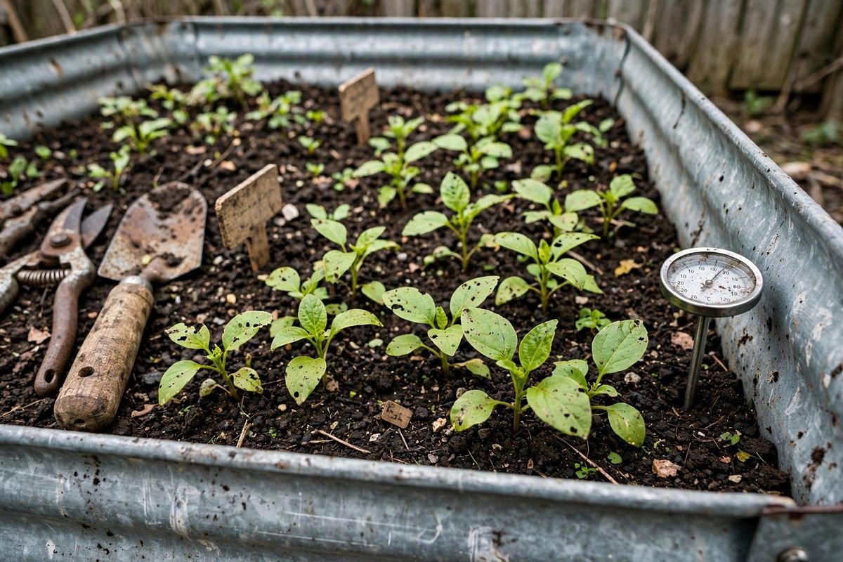 Metal raised bed filled with dark soil and young greens, a soil thermometer pushed in at the edge