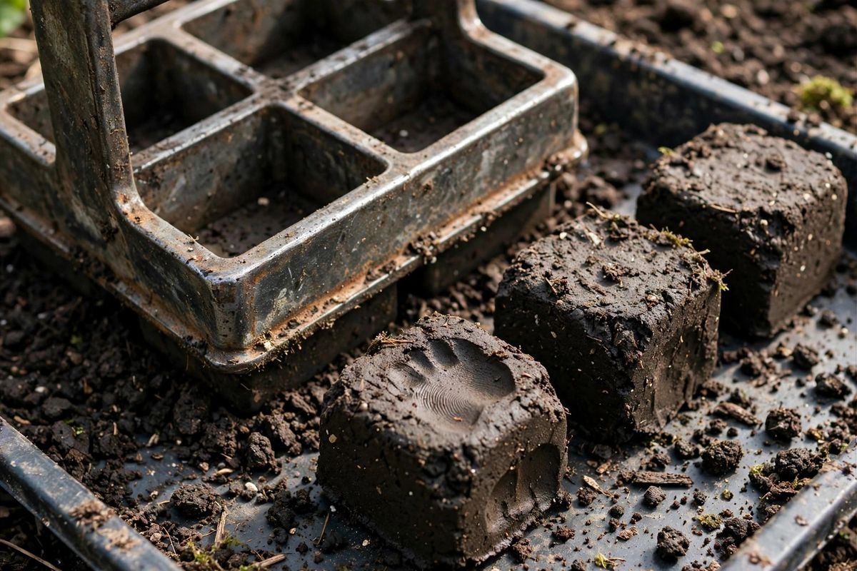 A metal soil block maker pressed into a shallow tray of damp dark seed-starting mix, with freshly formed two-inch soil blocks beside it and mix crumbs scattered around