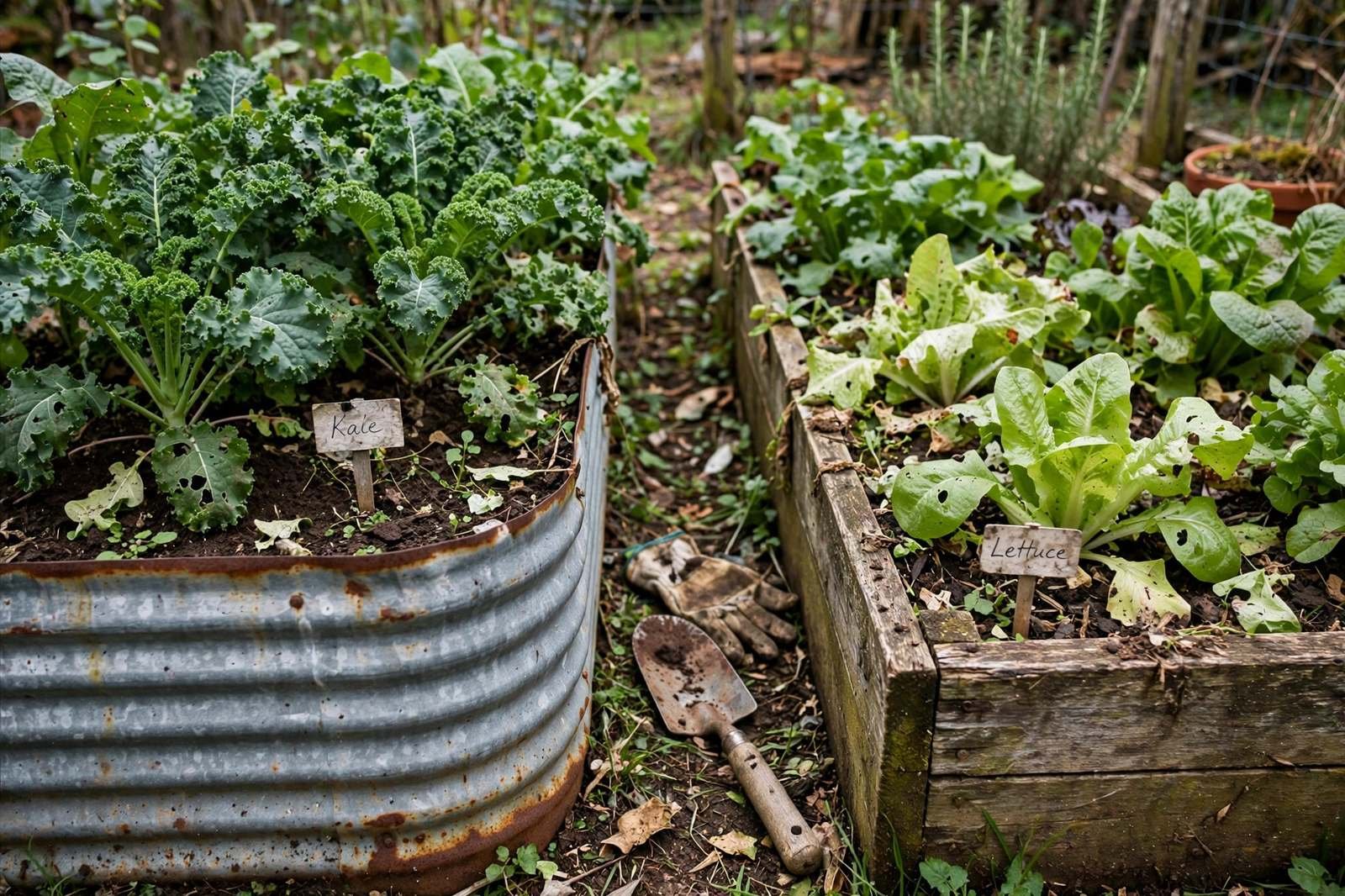 A corrugated metal raised bed beside a weathered wooden raised bed, both planted with greens