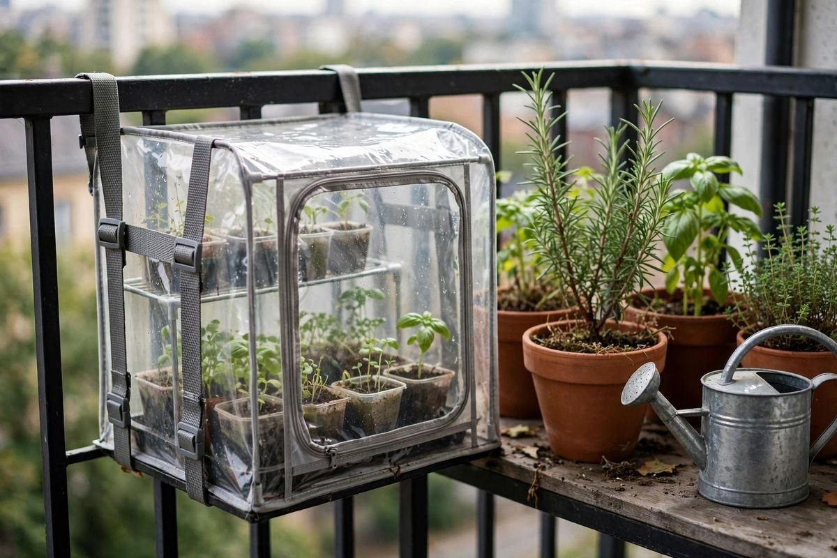 Mini greenhouse secured to a balcony railing with straps beside pots of herbs and a small thermometer hanging inside the cover