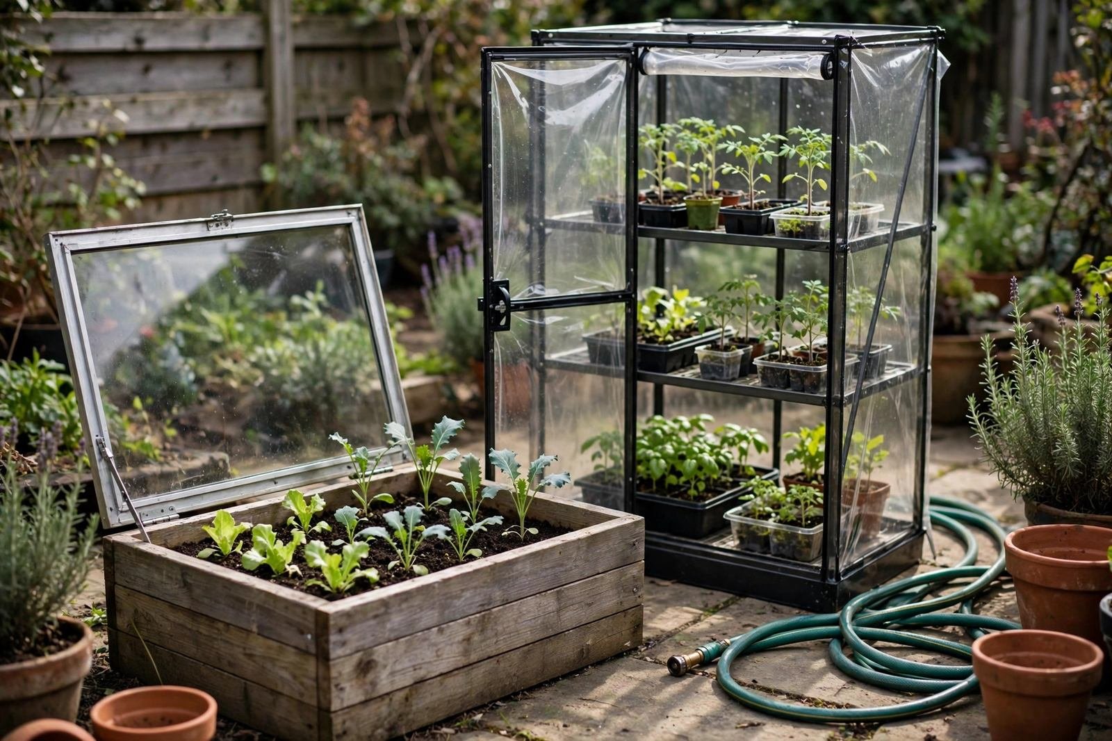 Mini greenhouse with clear shelves and a low cold frame side by side on a small patio with seedling flats and leafy greens