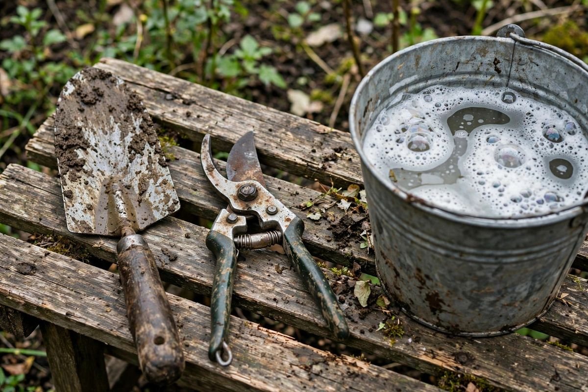 Muddy hand trowel and pruners on a bench beside a bucket of soapy water