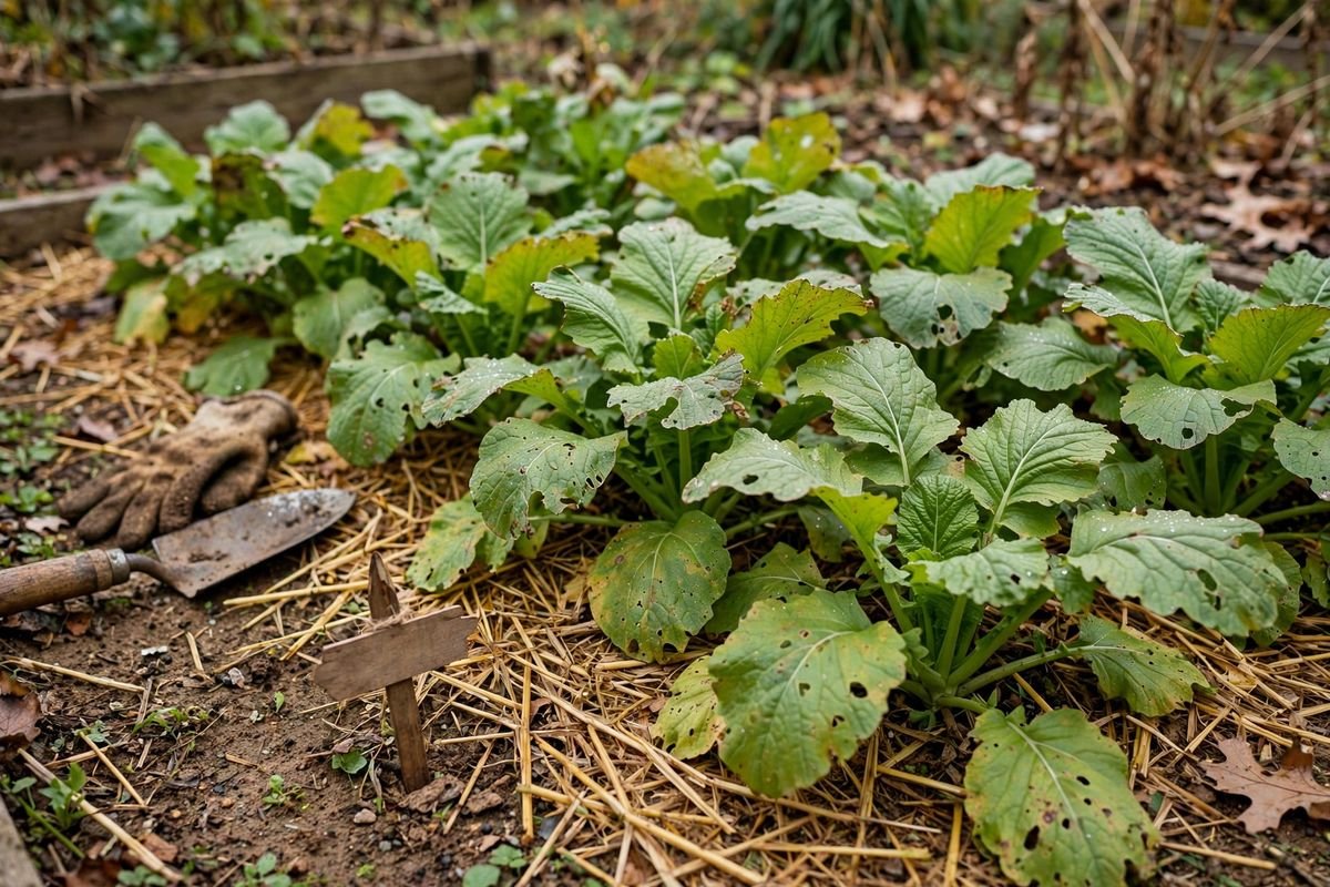 Mustard greens bed with straw mulch between rows in a fall vegetable garden