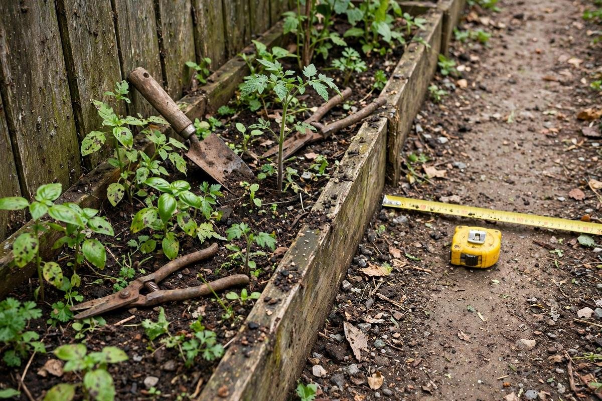 Narrow raised bed against a fence with a tape measure showing the path width beside it