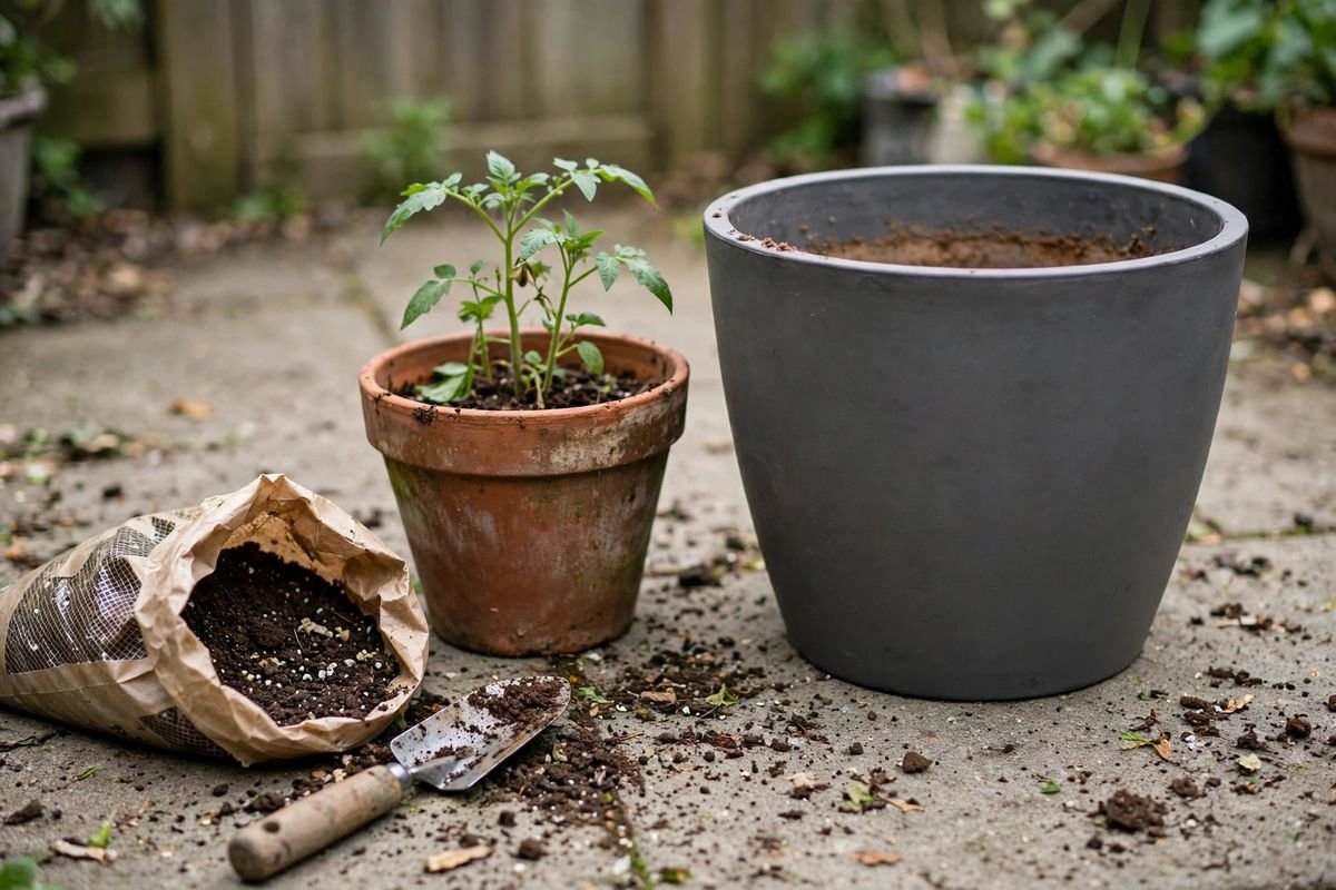 A new larger empty pot standing beside a smaller old pot with a vegetable plant, with a trowel nearby