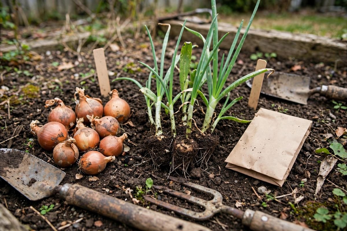 Onion sets, transplants, and seed packet arranged on garden soil for comparison