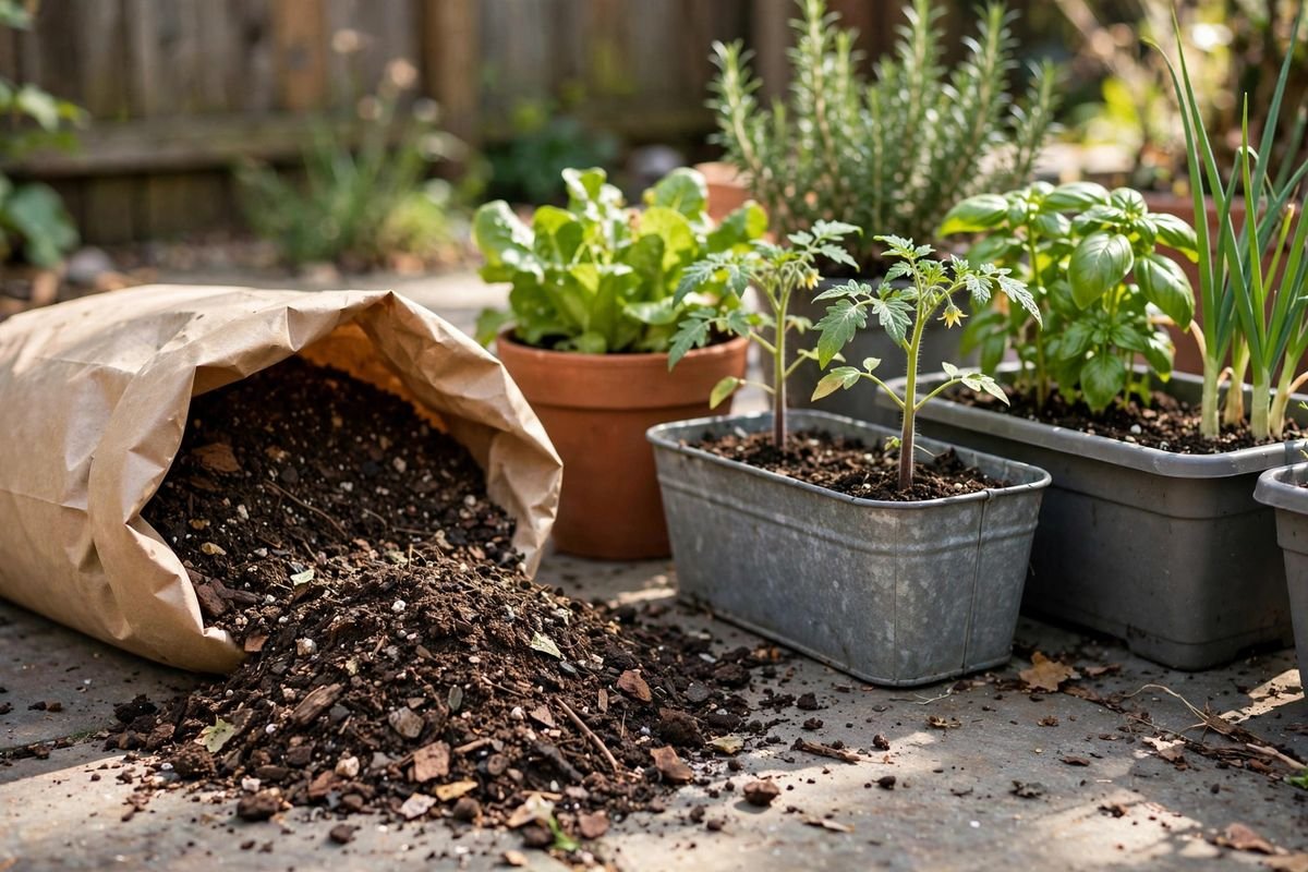 Open bag of potting mix beside filled vegetable containers on a patio with loose soil texture visible