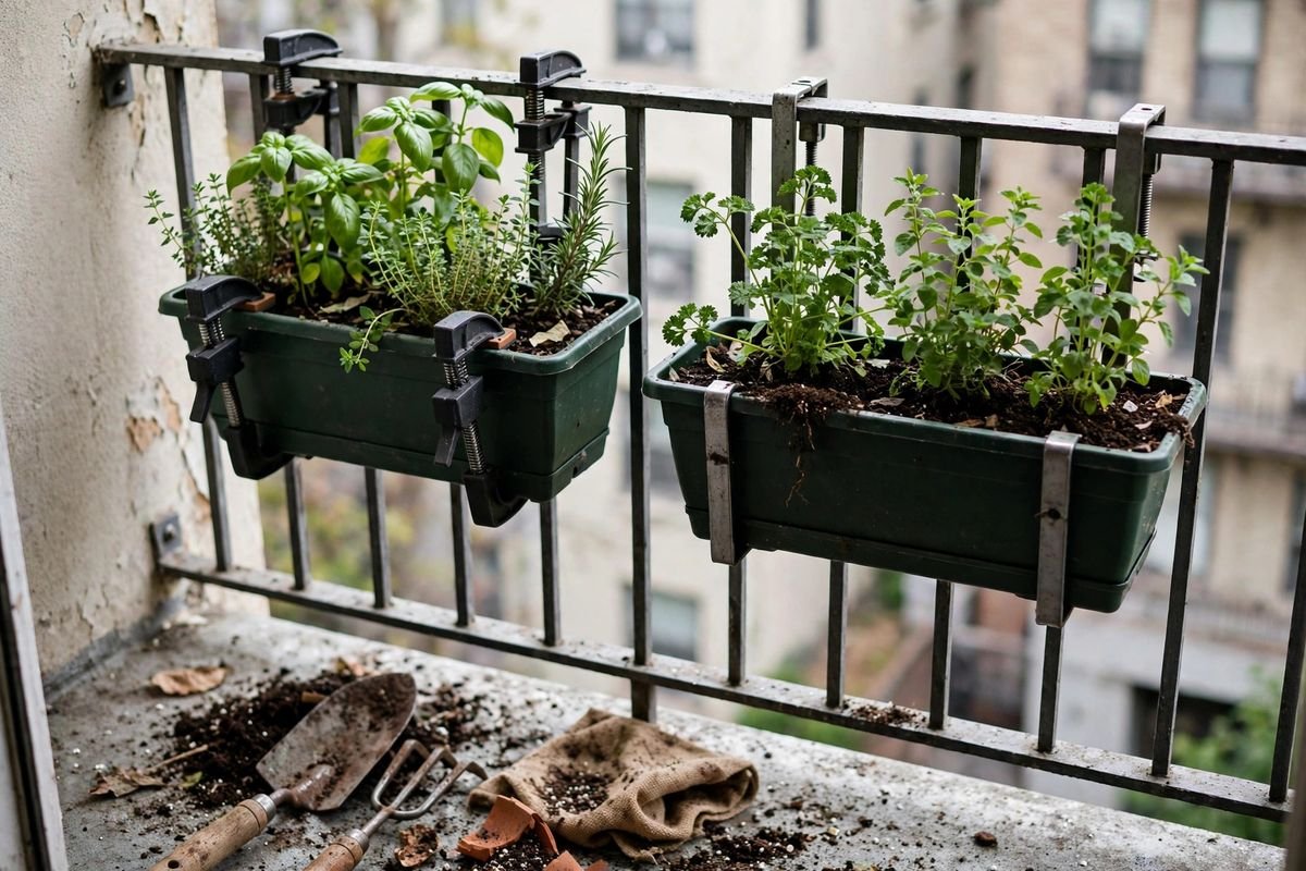 Over-rail and clamp-style balcony planters mounted on a metal railing with herbs growing