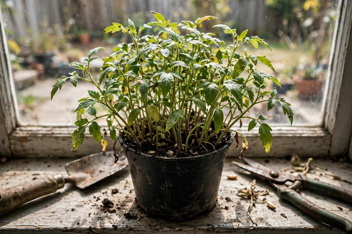 Overcrowded tomato seedlings competing in a single small pot