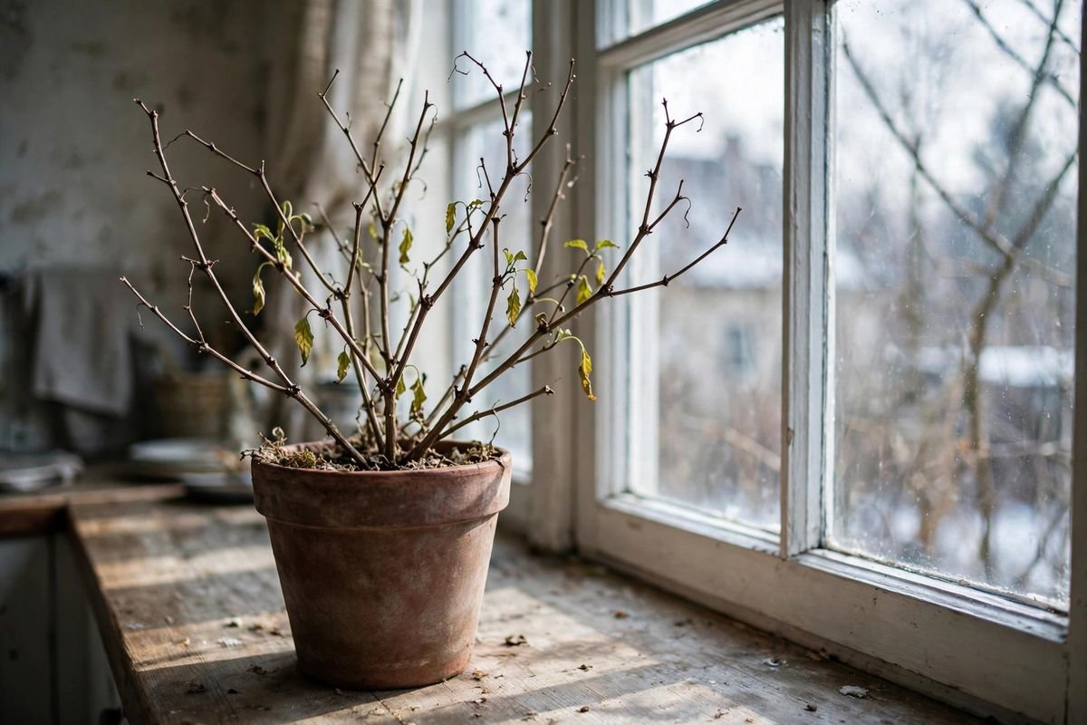 Overwintered pepper plant with bare woody stems resting near a bright cool window